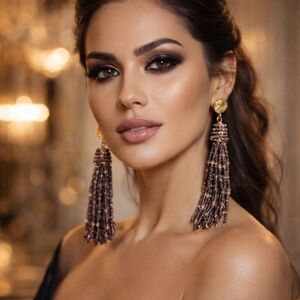 AREA Designer Beaded Tassel Earrings Gold & Pink Statement Dangle NEW